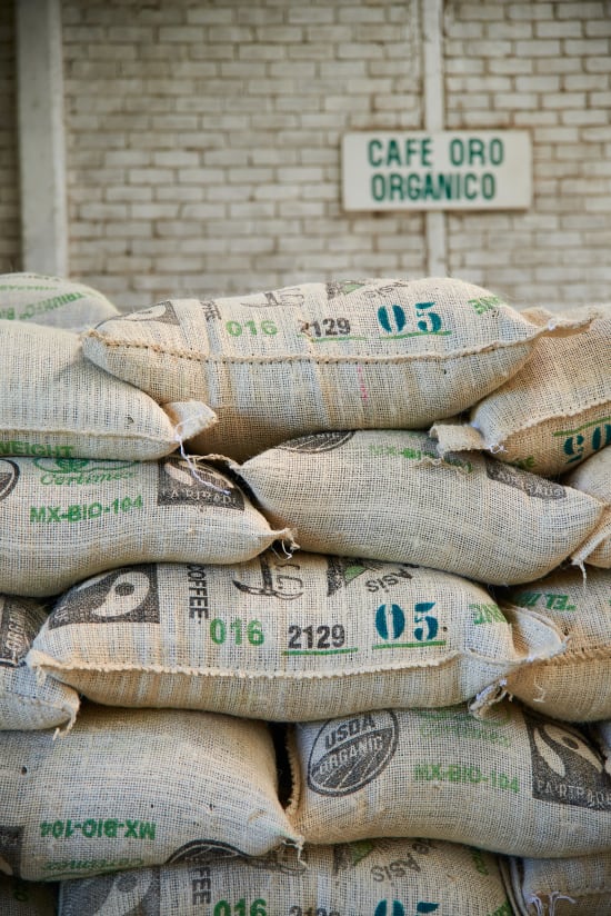 Sacks of organic, fair-trade Mexican green coffee, Cafe Oro Organico. Photo: Cafe Imports