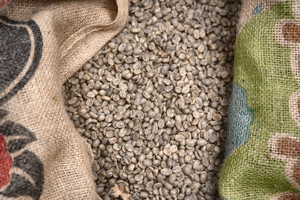 Green coffee beans in burlap sacks